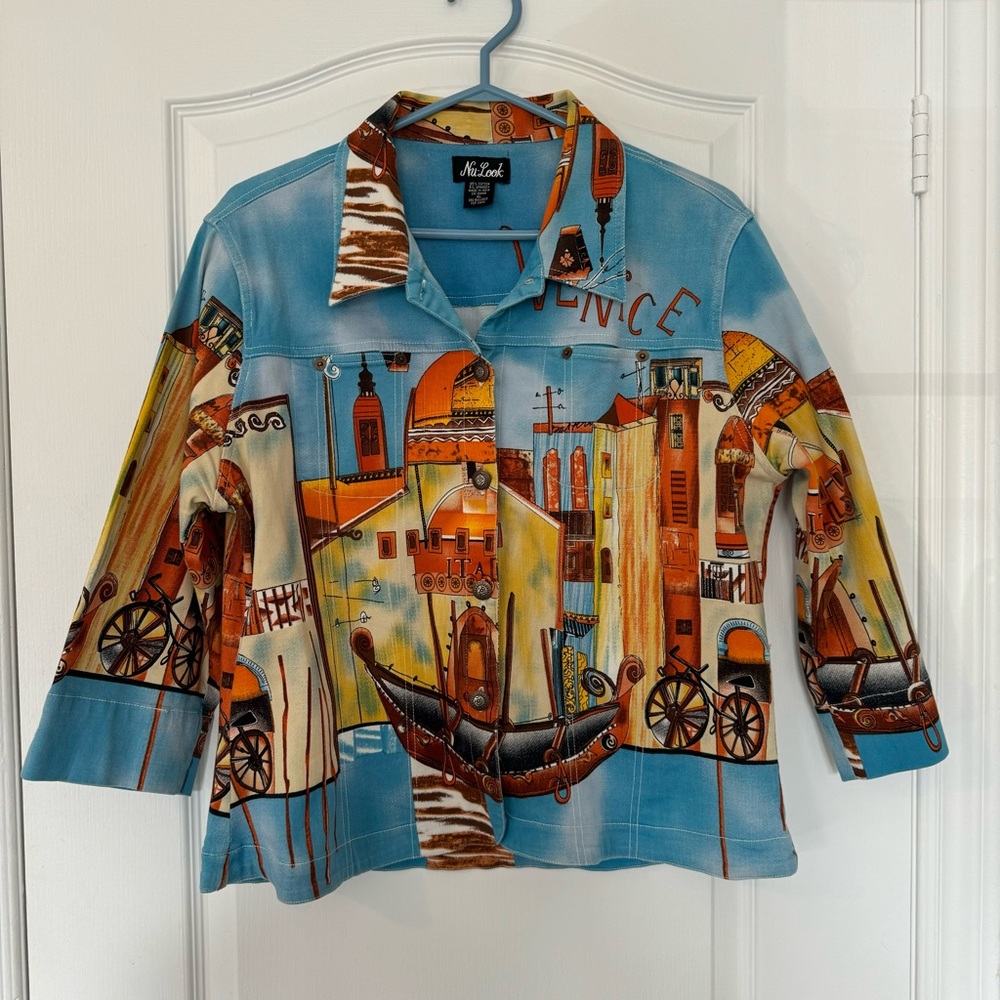 𝅺Nu-Look Jacket Blazer XL colorful art stretch elbow sleeve Italy Venice Funky